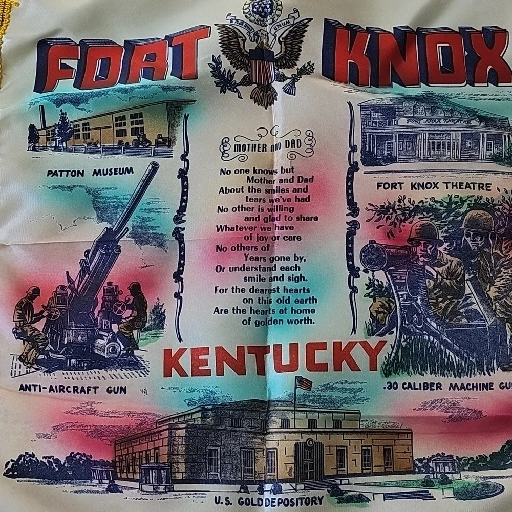 Vintage Fort Knox Kentucky Souvenir Silky Satiny Square Pillowcase EUC